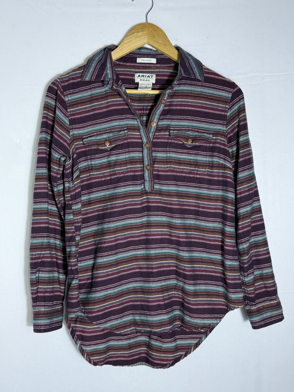 Ariat Relaxed Women's XS Striped Button Front Henley Style Shirt Long Sleeve